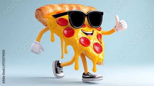 A cartoon pizza character wearing sunglasses and a smiley face. The pizza is covered in cheese and has a slice missing