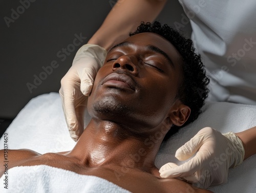 Relaxed Black man receiving facial massage in spa during daytime