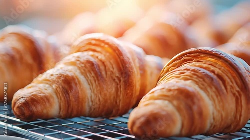 Golden croissant with flaky layers baked to golden perfection on cooling rack fresh pastry delicious breakfast food close up warm light inviting aroma crispy crust texture