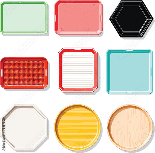 Colorful tray icon set with rectangular, circular, hexagonal, and octagonal shapes in wood grain, checkered, and lined styles