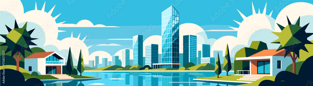 Obraz premium Vector cityscape with modern buildings on blue textured background