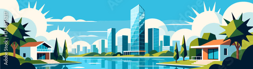 Vector cityscape with modern buildings on blue textured background