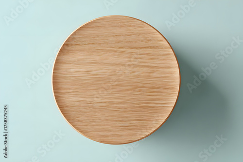Circular Wooden Tray: The close-up shot of the simple wooden tray on the blue background conveys a minimalist design with a focus on natural materials. 