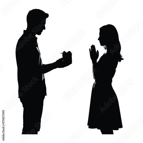 Silhouette of a man presenting a gift to a woman in a dress with hands clasped together in anticipation