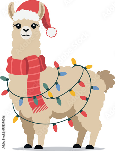 Cute cartoon llama wearing a Santa hat and scarf with Christmas lights.