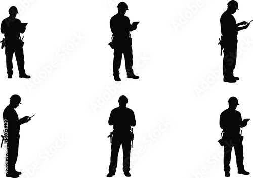 Construction worker silhouette with clipboard, safety inspector technician, industrial engineer checking plans, building site supervisor, occupational safety review, hard hat professional