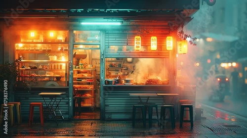 Vibrant street food stall illuminated at night with enticing aromas.