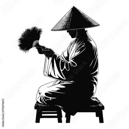 Silhouette of a person in traditional asian clothing seated holding a fan on a small stool art