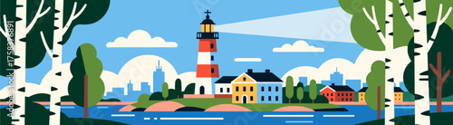 Helsinki cityscape illustration with lighthouse and birch trees