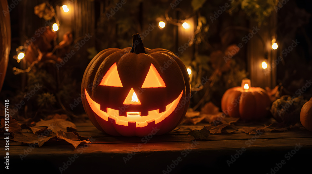 Fototapeta premium Glowing Classic Jack-o-Lantern on a Porch at Dusk