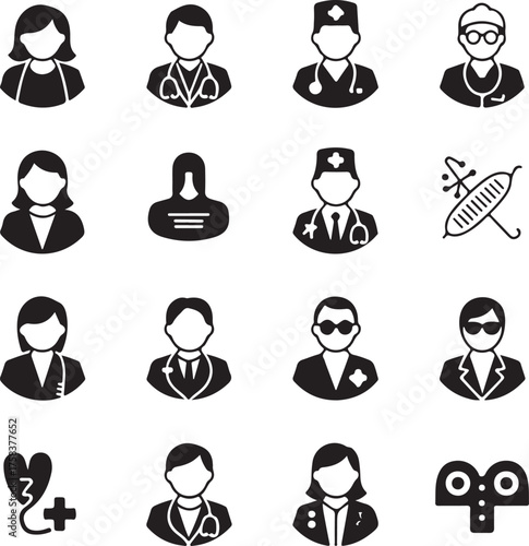 Professional Doctors and Healthcare Staff Icon Set – Surgeon, Nurse, Scientist, and Medical Team Symbols