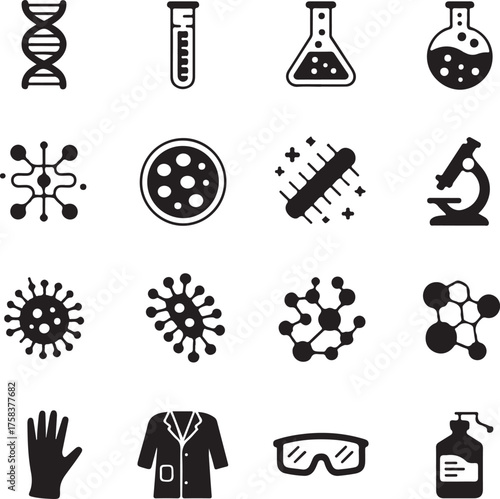 Medical Laboratory and Biotechnology Icon Pack – Research, Microscopy, Virus, and DNA Analysis Symbols