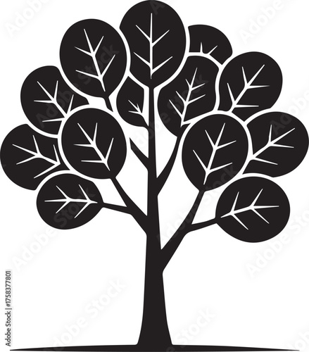 Stylized silhouette of a lush green tree with many round leaves and detailed veins representing nature's growth and vitality vector