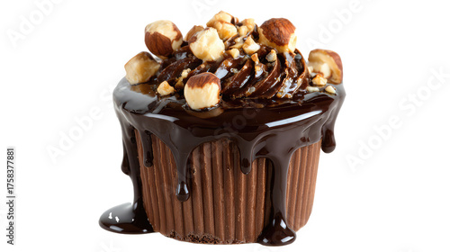Chocolate cake with nuts and dripping sauce on transparent background	
