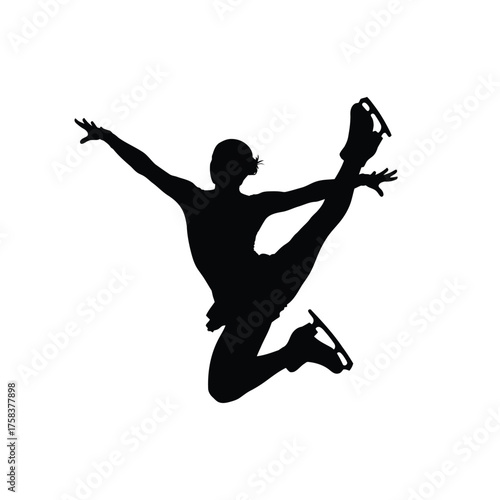 Silhouette of a female figure skater performing a jump with legs extended in the air on white