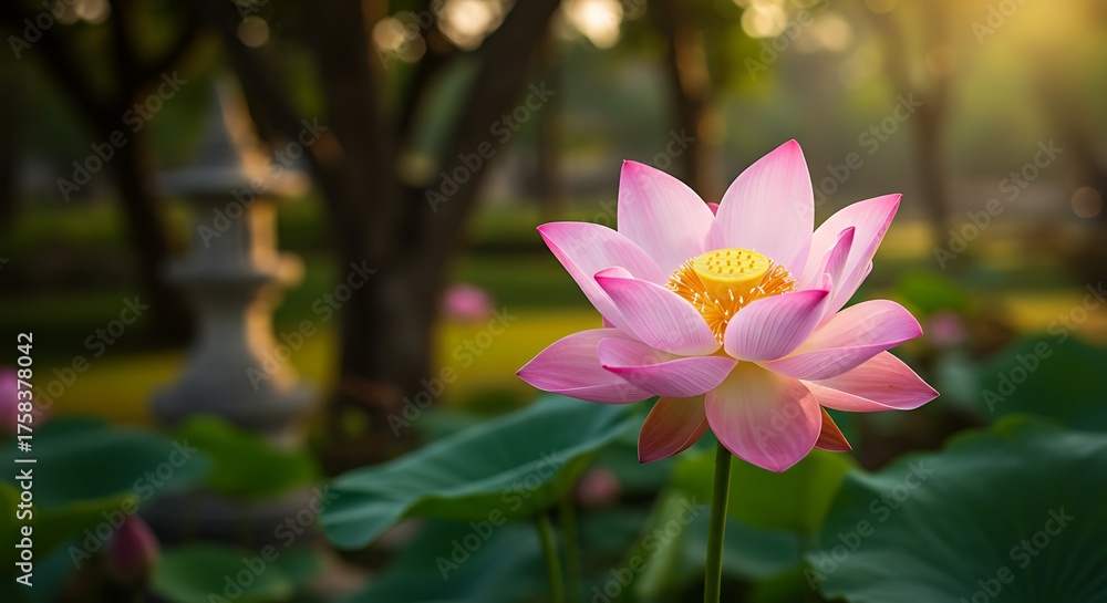 Fototapeta premium Close up of a vibrant pink lotus flower in a natural outdoor environment