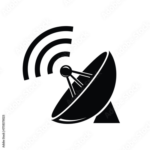 Illustration of a black satellite dish with signal waves on a white background in vector format silhouette