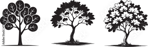 Stylized black silhouette of a majestic tree with lush canopy and textured bark rooted in earth with subtle shadow vector