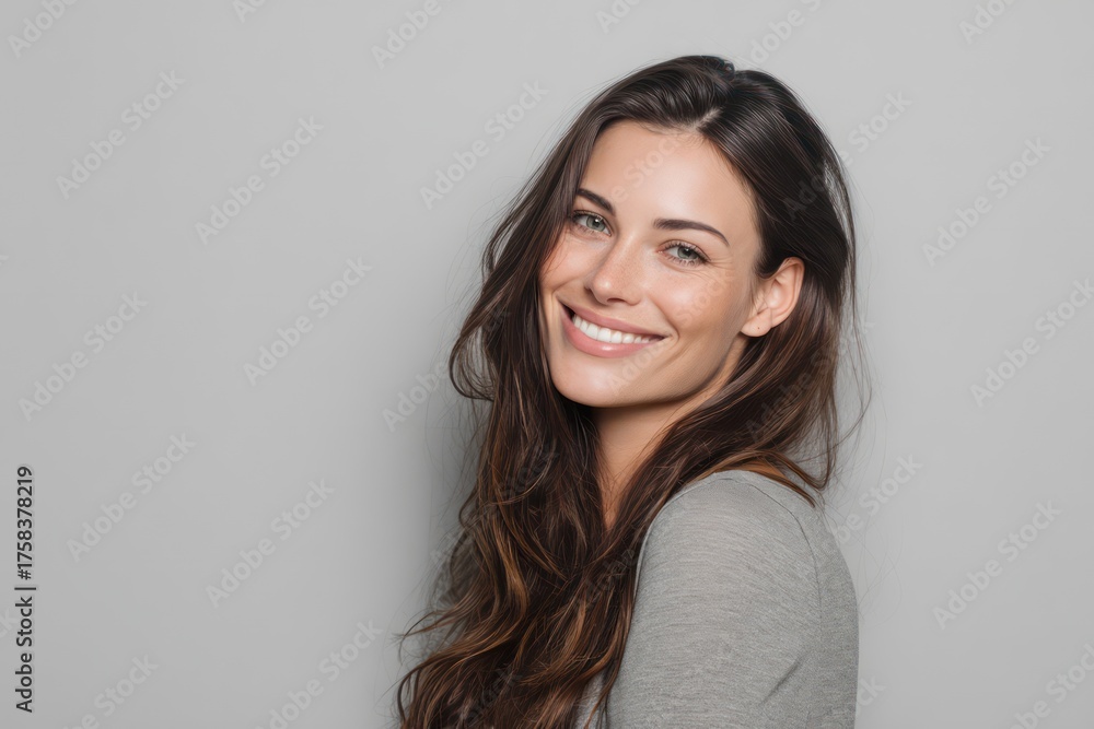 Fototapeta premium Woman with Long Hair Smiling on Light Grey Background