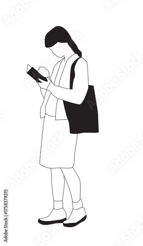 Woman in street with totebag standing reading book  – Black and White Line Art Architectural Style Vector Illustration