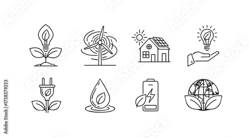 Set of hand drawn eco friendly icons symbolizing sustainable energy and nature vector