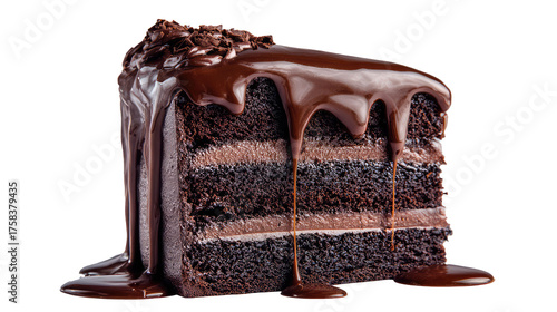 A slice of chocolate cake with dripping chocolate frosting on transparent background	