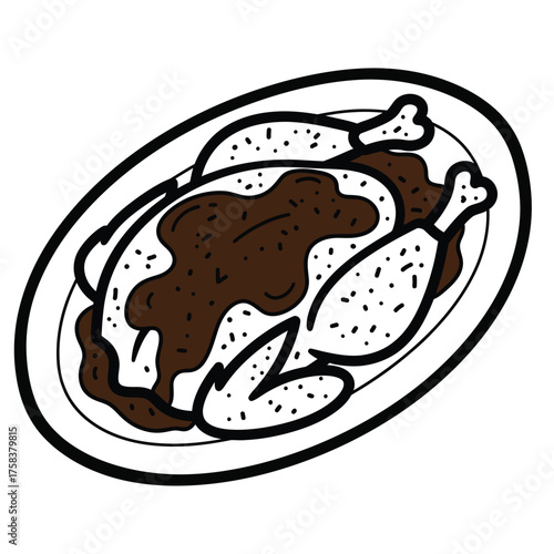 A cartoon drawing of a whole roasted chicken covered in gravy on an oval shaped white plate silhouette