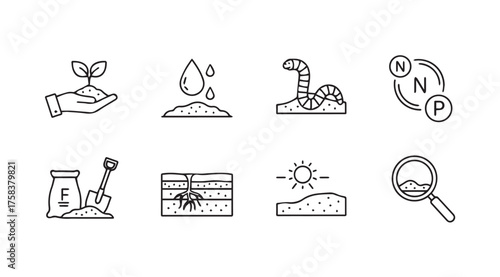 Set of hand drawn icons representing soil health farming and agriculture concepts vector