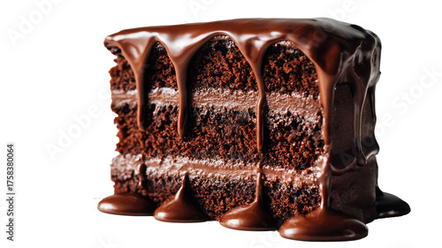 A slice of chocolate cake with dripping chocolate frosting on transparent background	