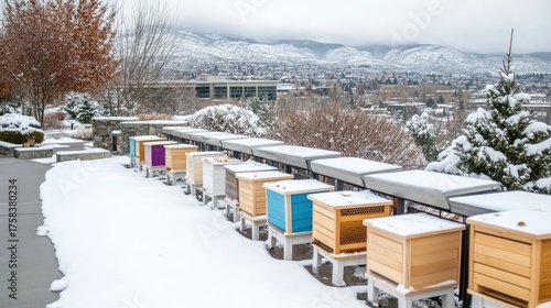 Colorful beehives positioned in a snow-laden field evoke a tranquil winter atmosphere in a minimalistic and natural rural setting, highlighting the beauty of nature's stillness