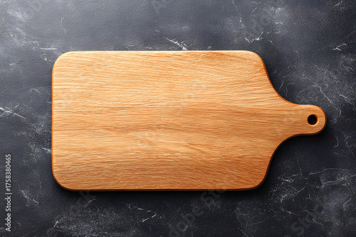 A close-up view of a wooden cutting board, and  ready for a food mockup.