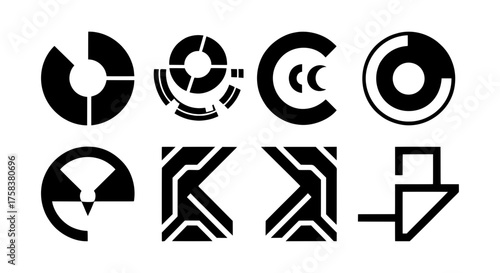 A collection of modern tech symbols and geometric shapes. Minimalist black vector icons perfect for creating futuristic logos, UI elements, or sci-fi graphics.