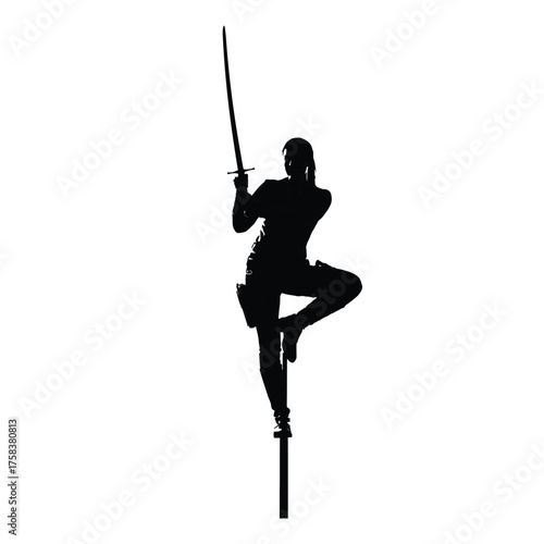 Silhouette of a woman standing on a pole holding a sword up in the air against white background