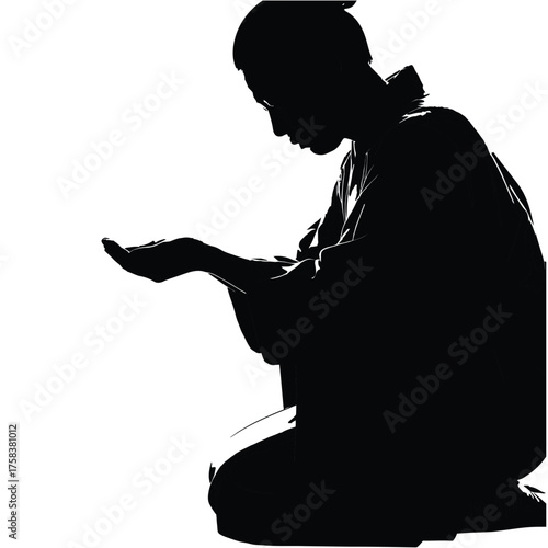 Silhouette of kneeling person in traditional clothing with hands outstretched in offering pose