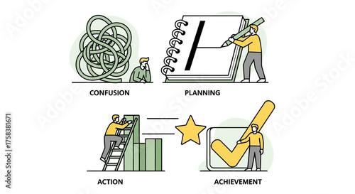 Journey from initial uncertainty to project success, depicting strategic planning, execution, and accomplishment in business tasks
