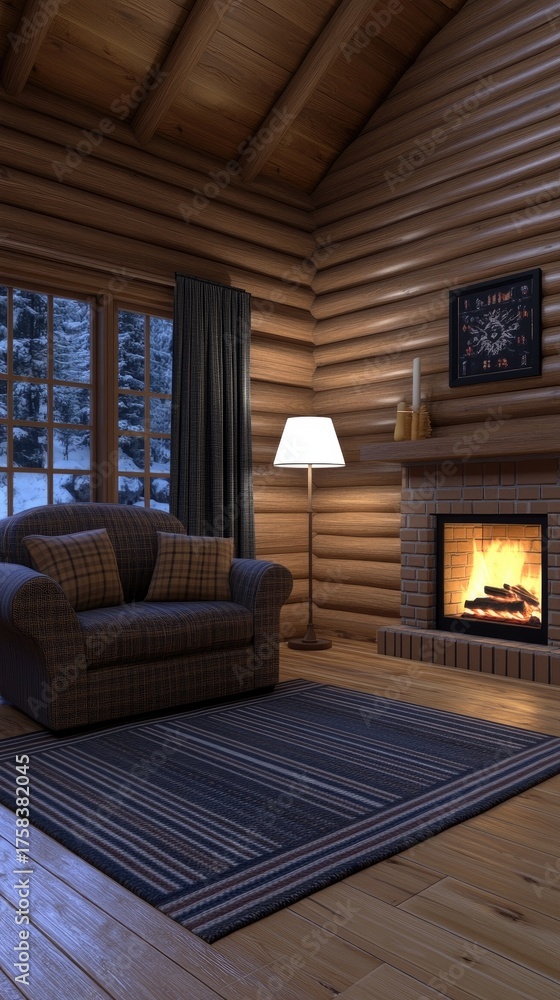 Fototapeta premium A warm and inviting autumn space with an armchair, a cozy blanket, pillows, and pumpkins arranged beautifully around a fireplace