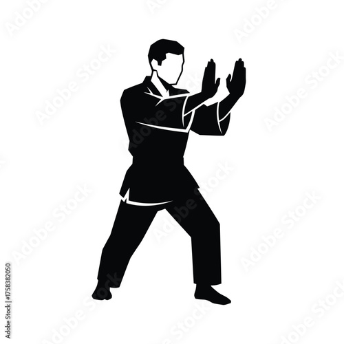 A silhouette of a martial artist in a defensive stance wearing traditional clothing on white