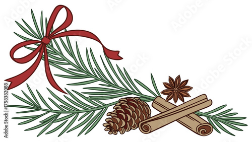 A festive and traditional Christmas corner arrangement featuring green pine needles, a rustic red bow, natural pine cones, and aromatic cinnamon sticks and star anise on a white background.