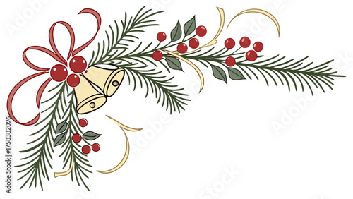 Charming Christmas corner ornament featuring interwoven pine branches, red holly berries, a gold bell, and a decorative red ribbon on a clean white background.