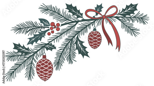 A richly textured illustration of a Christmas corner decoration featuring dense fir branches, classic holly leaves and berries, red baubles resembling pinecones, and a festive red bow, with soft light
