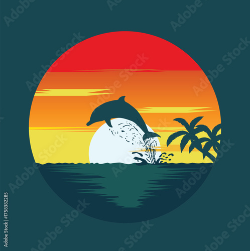 Tropical Sunset with Jumping Dolphin and Palm Silhouette Over Ocean Waves