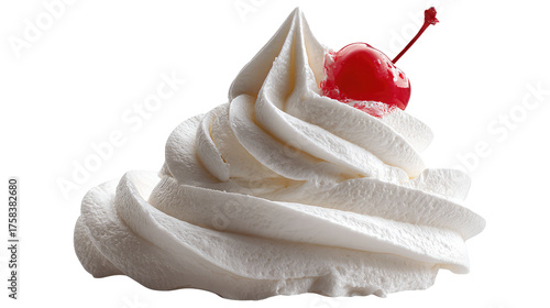 A swirl of white cream with a bright red cherry on top view on transparent background	
