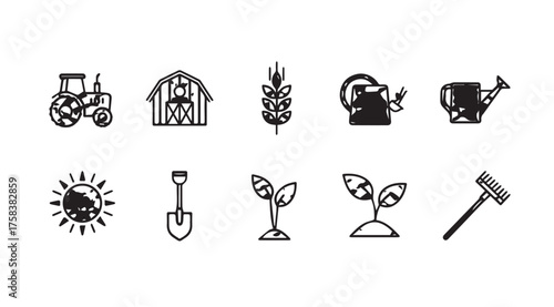 Farm icons collection tractor barn wheat watering can sprout sun shovel hammer agricultural elements vector