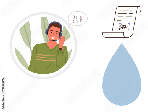 Customer service agent wearing headset providing 24-hour help, accompanied by a signed document and water drop. Ideal for support, agreement, communication, service, sustainability, teamwork, simple