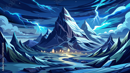 Lightning illuminating snow-covered mountains, electric light reflecting off icy peaks, storm clouds moving fast, surreal contrast of cold and energy