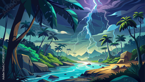 Lightning over dense rainforest, electric flashes lighting up wet foliage, river reflecting storm glow, deep jungle atmosphere filled with energy and movement