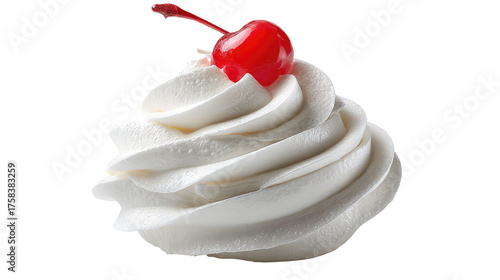 A swirl of white cream with a bright red cherry on top view on transparent background	
