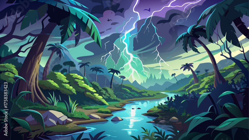 Lightning over dense rainforest, electric flashes lighting up wet foliage, river reflecting storm glow, deep jungle atmosphere filled with energy and movement