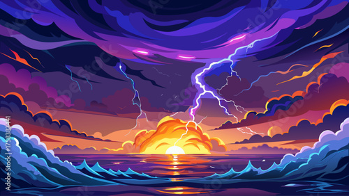 Lightning storm at sea during sunset, orange and purple sky merging with blue flashes, massive wave reflections creating cinematic natural beauty and power