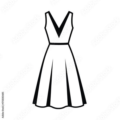 Illustration of a sleeveless dress with v neckline and fitted bodice and flared pleated skirt silhouette